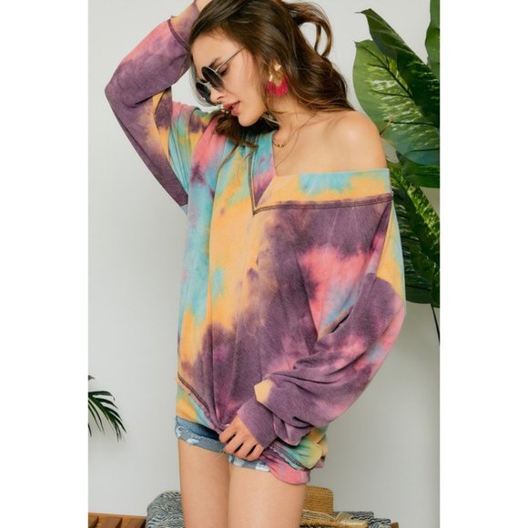Tie Dye Oversized Big V-Neck Top - Picture 3 of 6